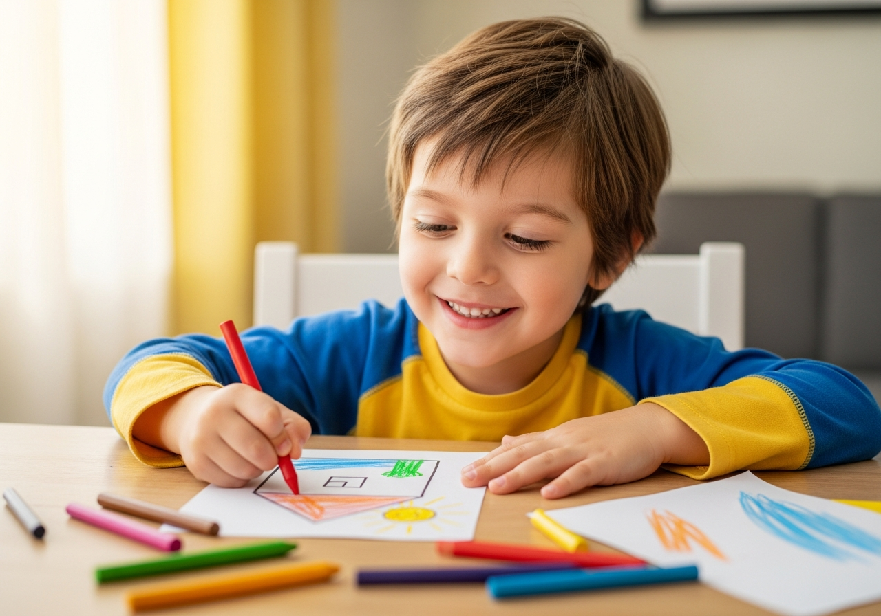 Calm young child coloring a simple bold-line drawing